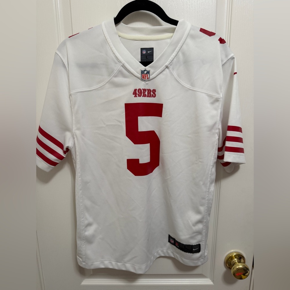 NFL White Football Jersey with Black and Red Logo Patch